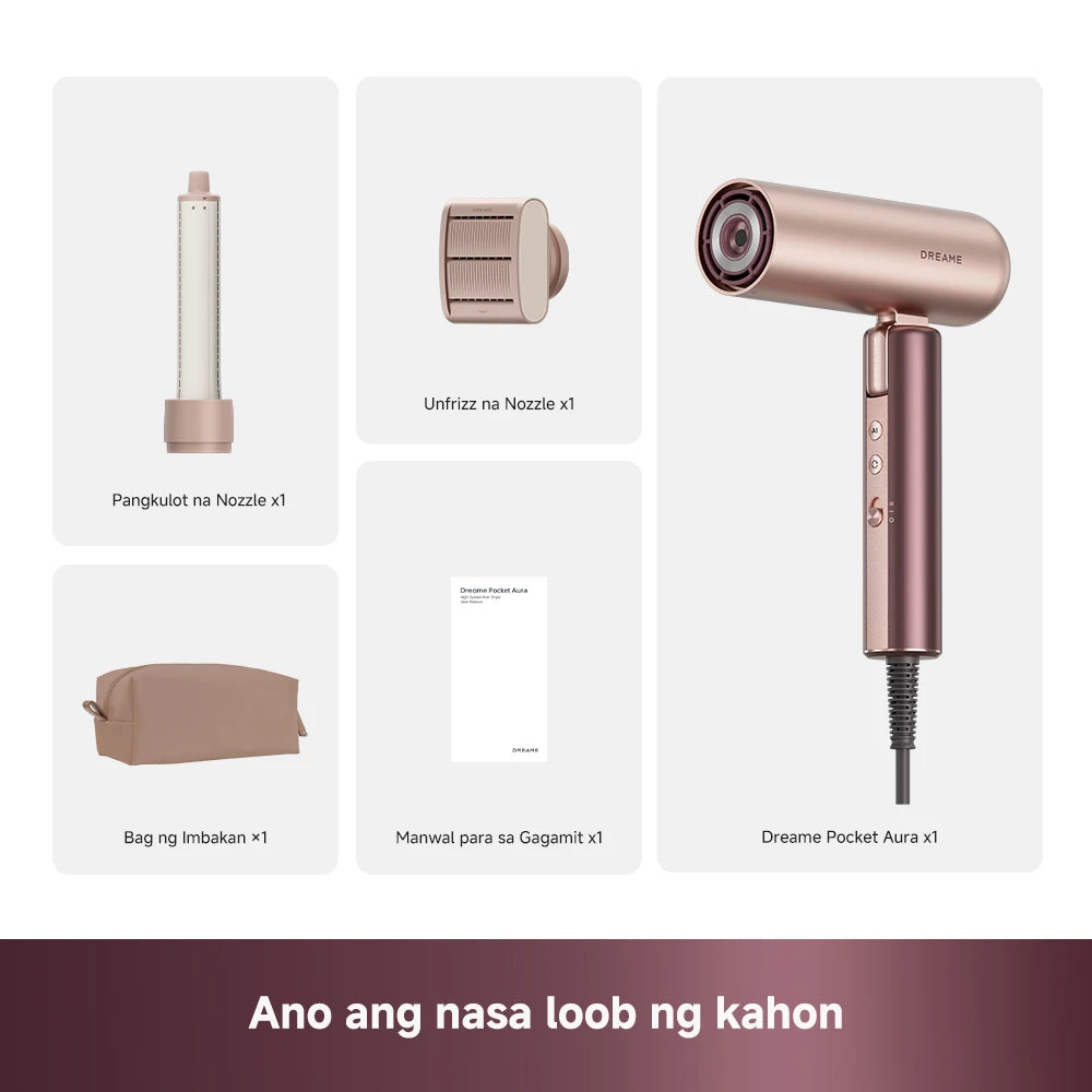 Complete package contents including the hair dryer, styling attachments and travel accessories