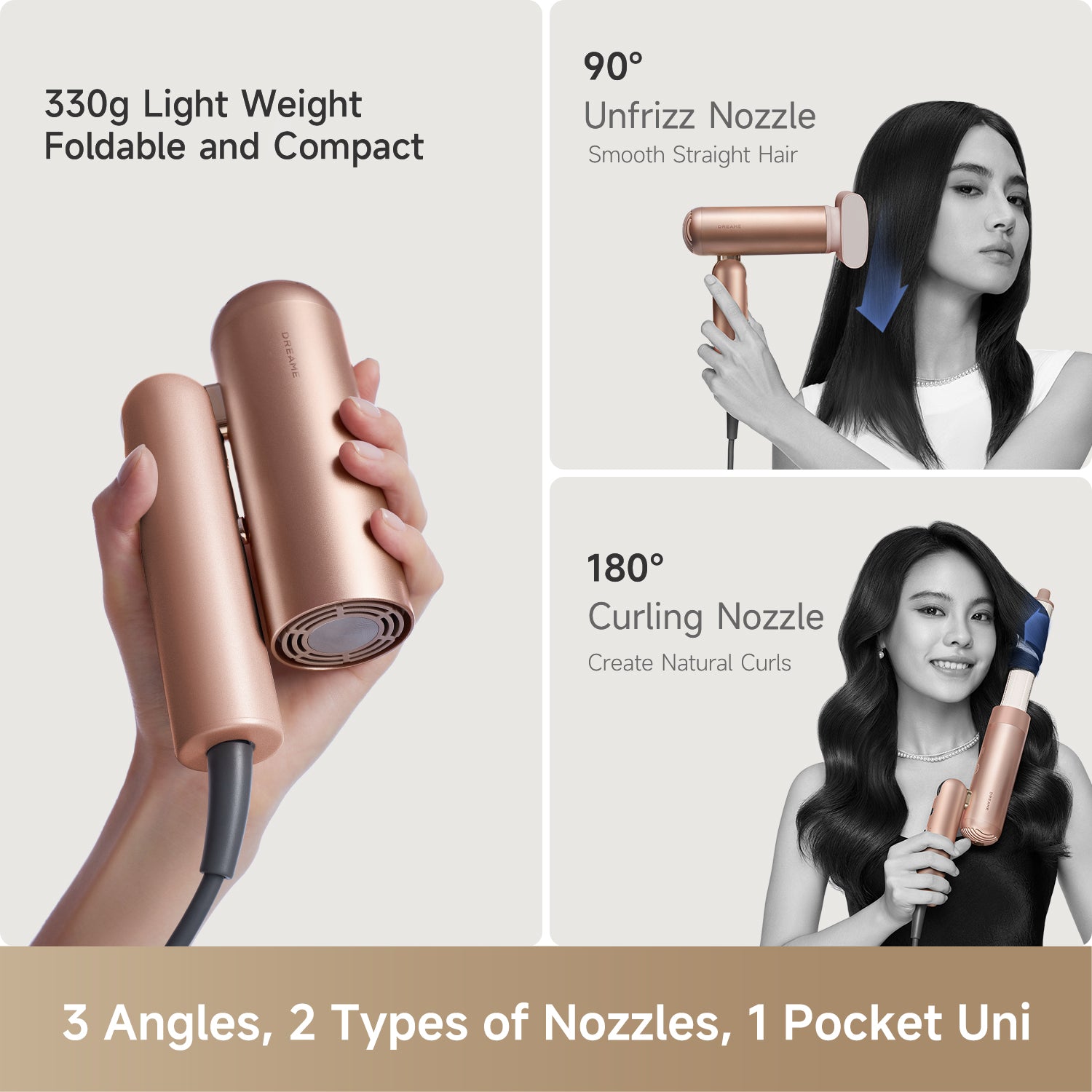 flexible hair dryer design with multiple styling angles and nozzles