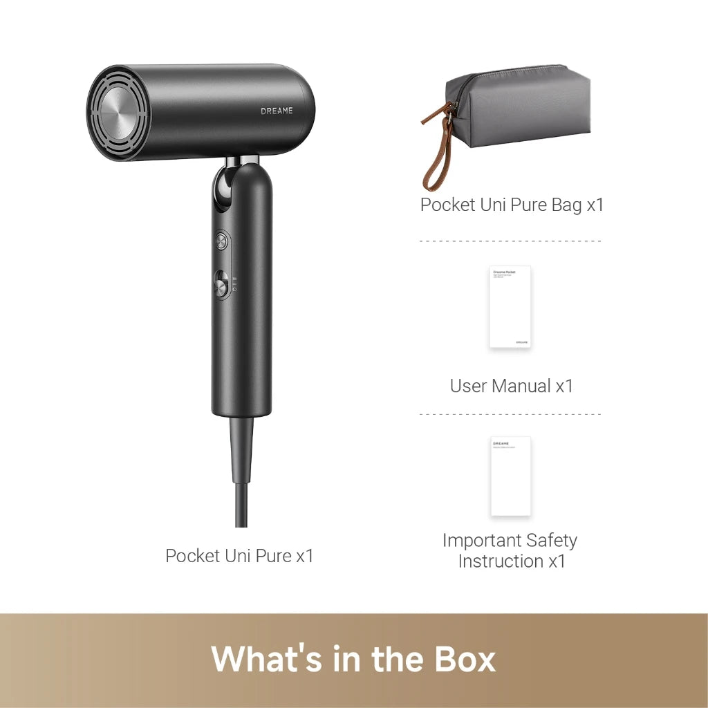 Dreame Pocket Uni Pure Black Hair Dryer Portable Fast Drying Lightweight
