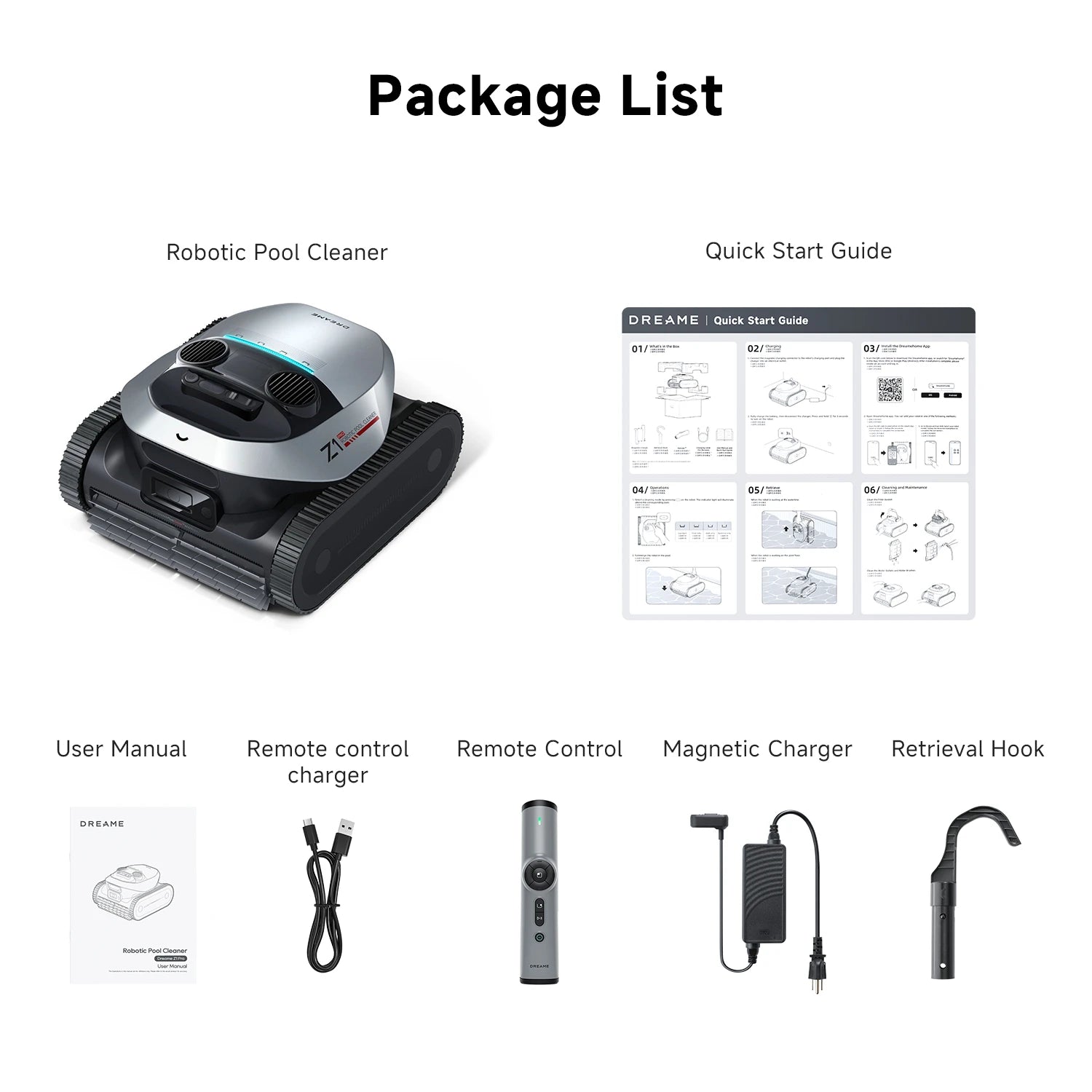 Dreame Pool Cleaner Z1 Pro package contents showing all included accessories for quick and easy setup