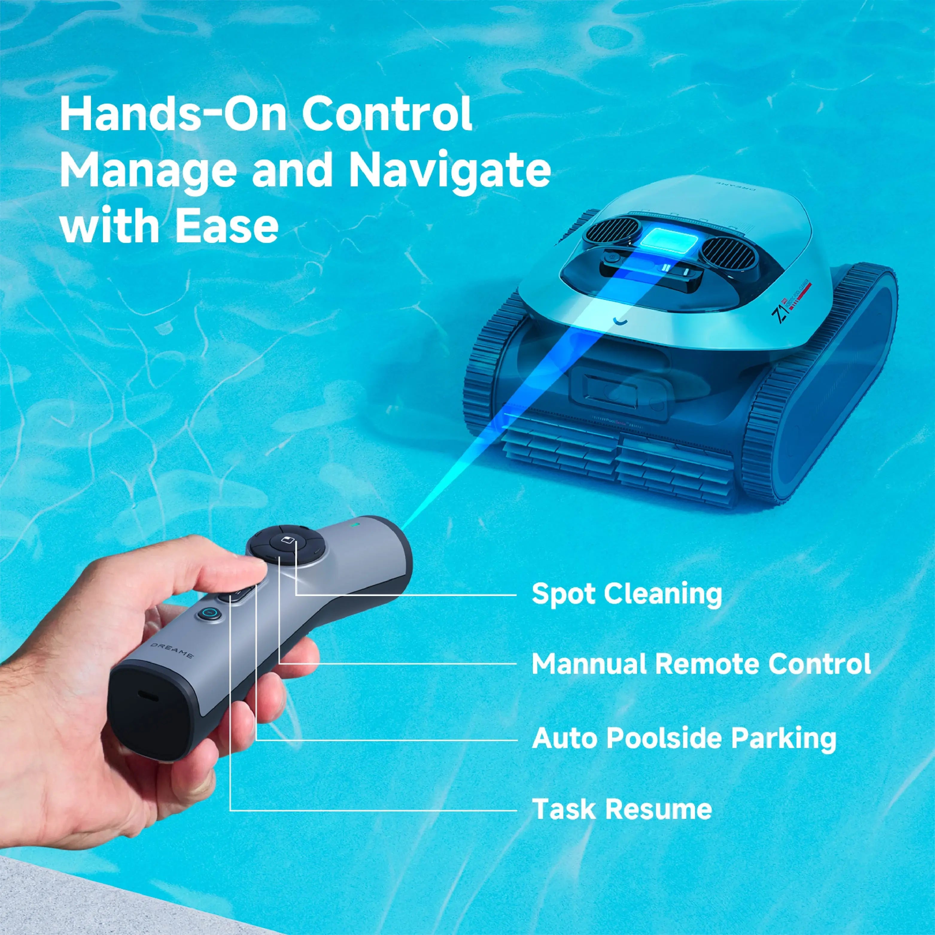Dreame Pool Cleaner Z1 Pro with handheld remote control for convenient manual navigation and precise pool cleaning