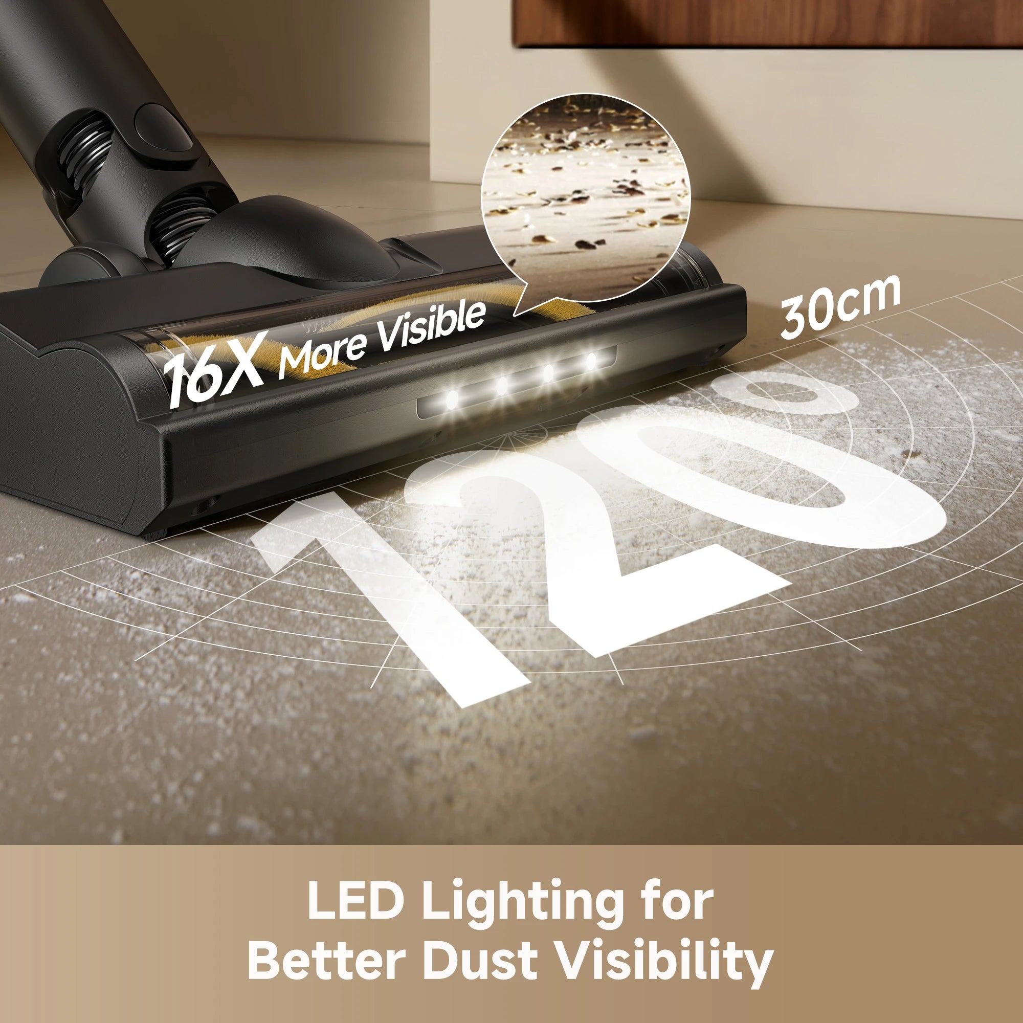 vacuum cleaner with LED lighting reveals hidden dust and debris