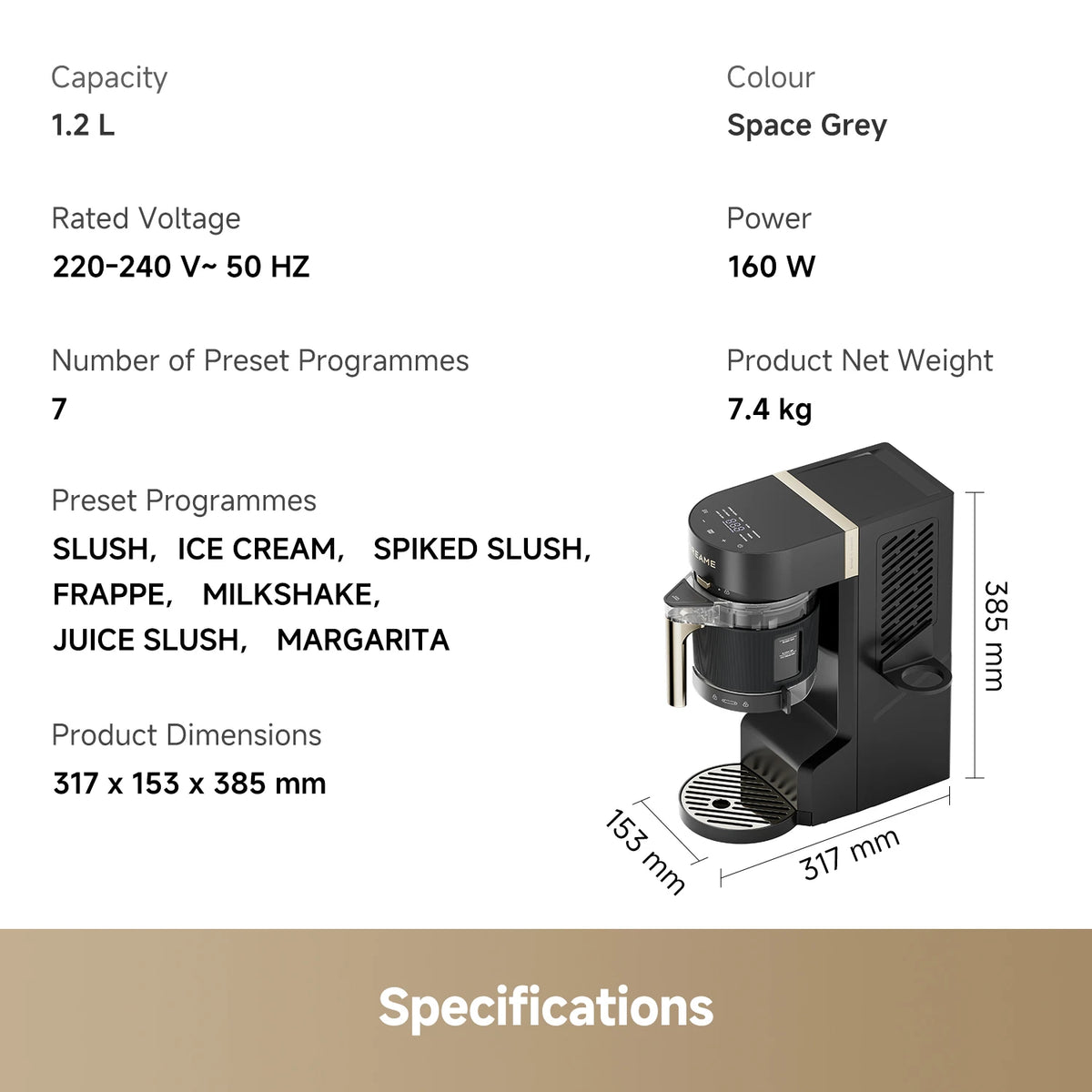 Dreame SLM60 slush maker specifications including capacity, functions, and key product details