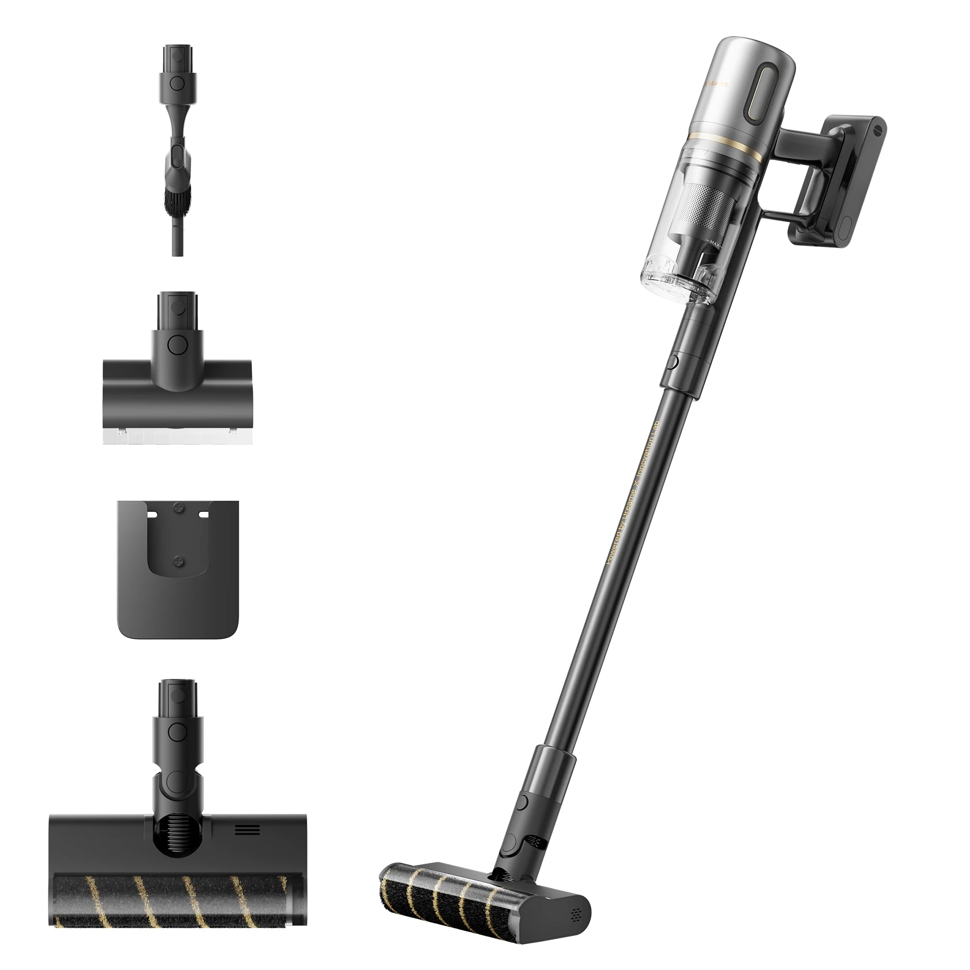 Dreame V20 cordless stick vacuum cleaner with full brush set and accessories on white background