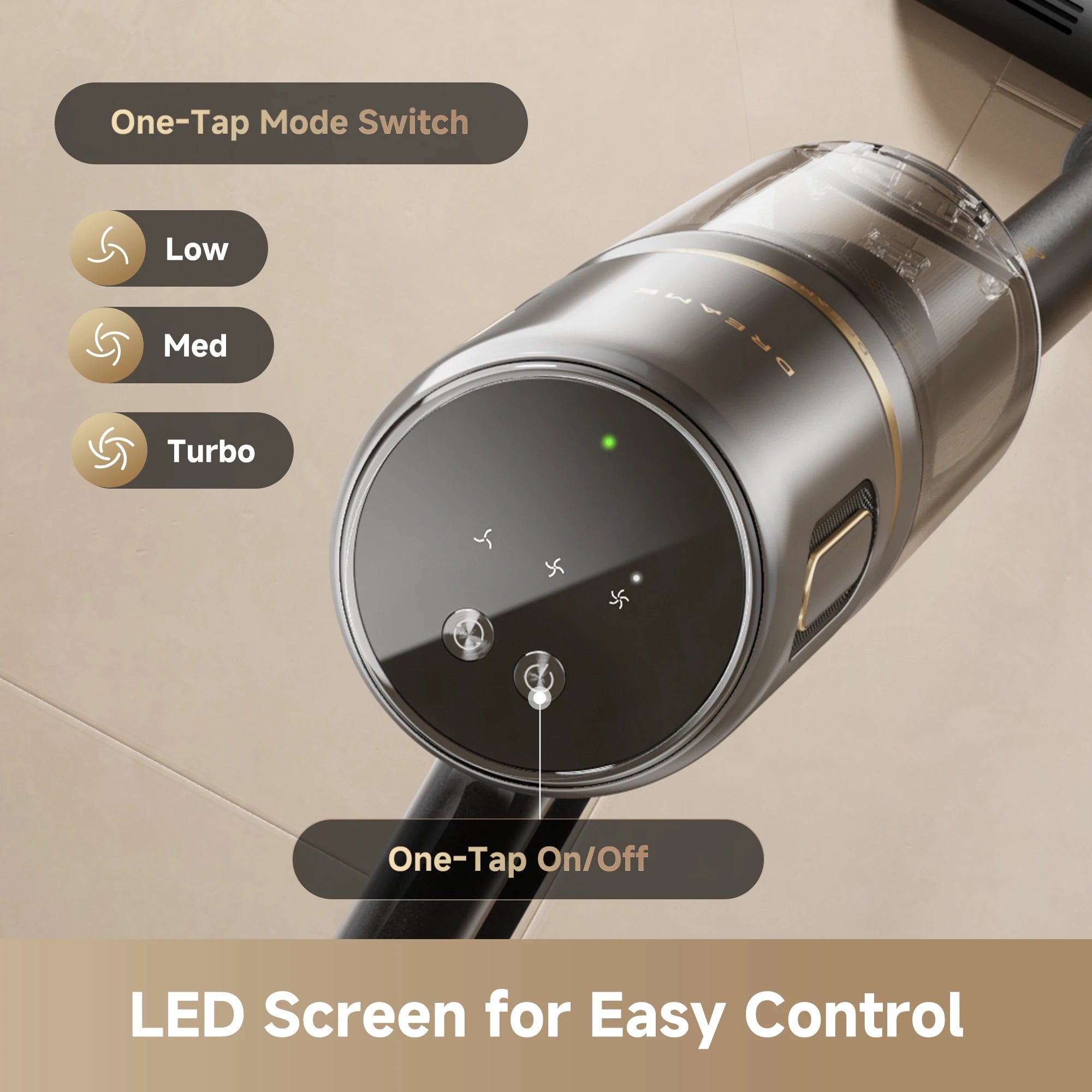 Interactive LED control screen on Dreame V20 cordless vacuum for suction mode switching and power control