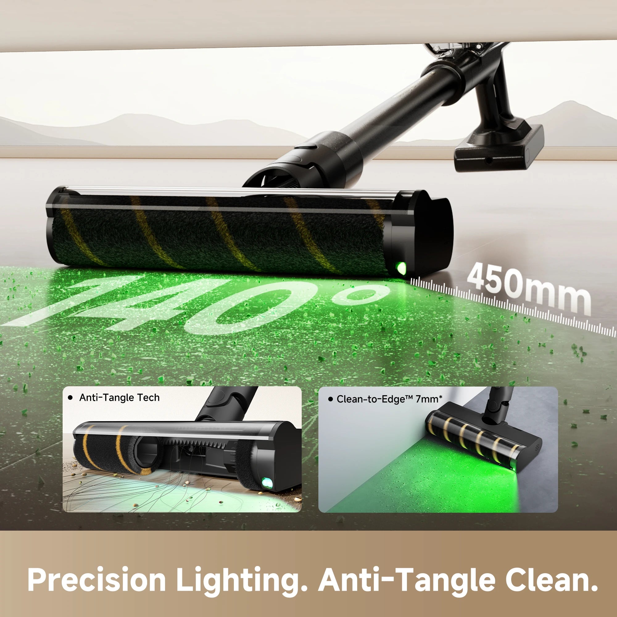 Dreame V20 cordless vacuum roller brush with precision LED lighting and anti-tangle technology