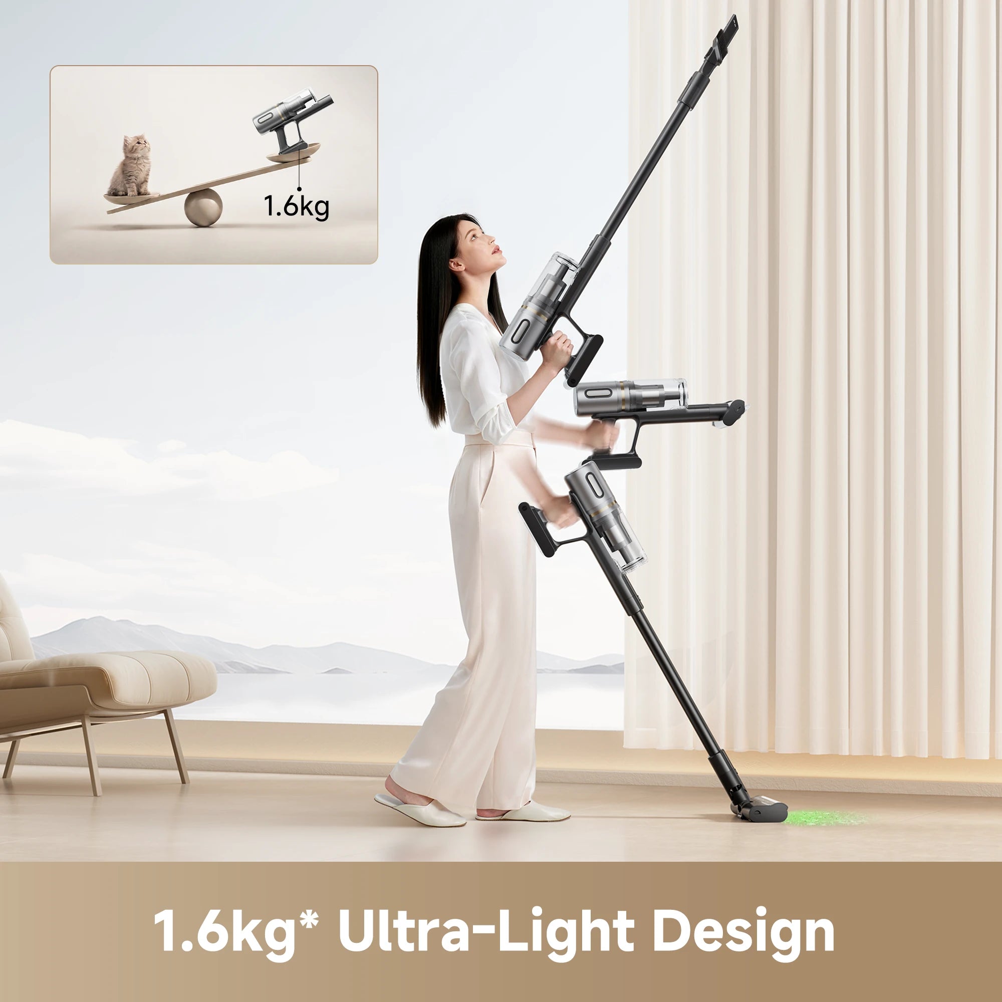 User effortlessly operating the ultra lightweight 1.6kg Dreame V20 cordless vacuum for high reach cleaning