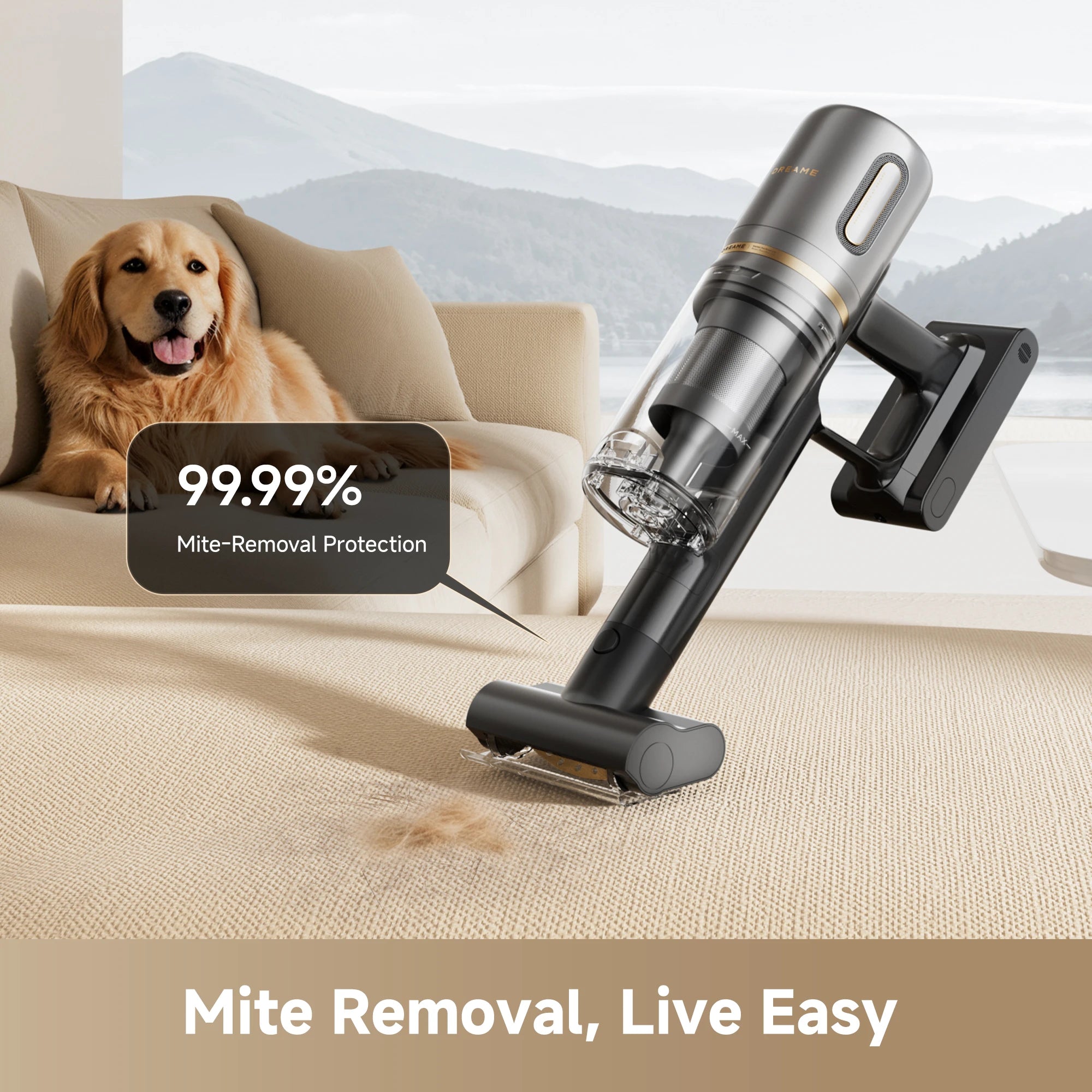 Dreame V20 cordless vacuum cleaner motorized mini brush removing dust mites and pet hair from couch