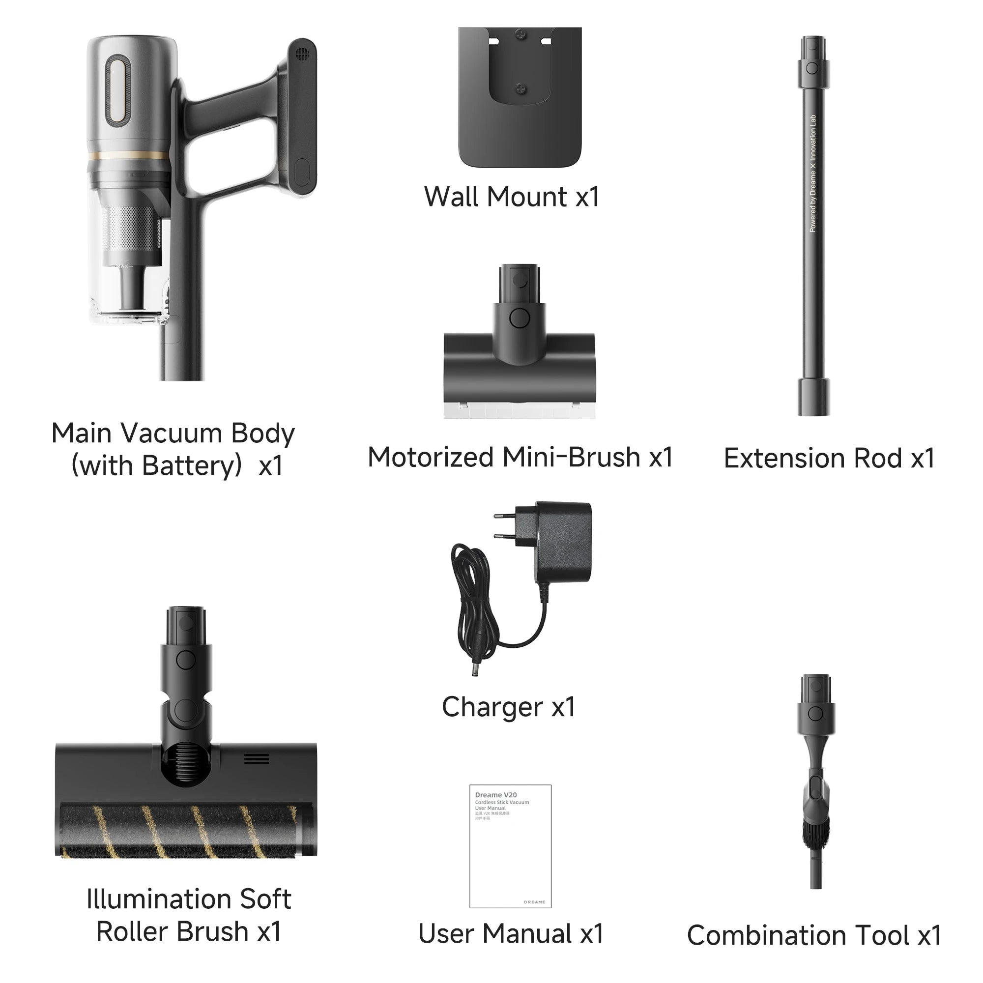 Complete package contents of Dreame V20 cordless vacuum including main body, illumination brush, mini-brush, and accessories