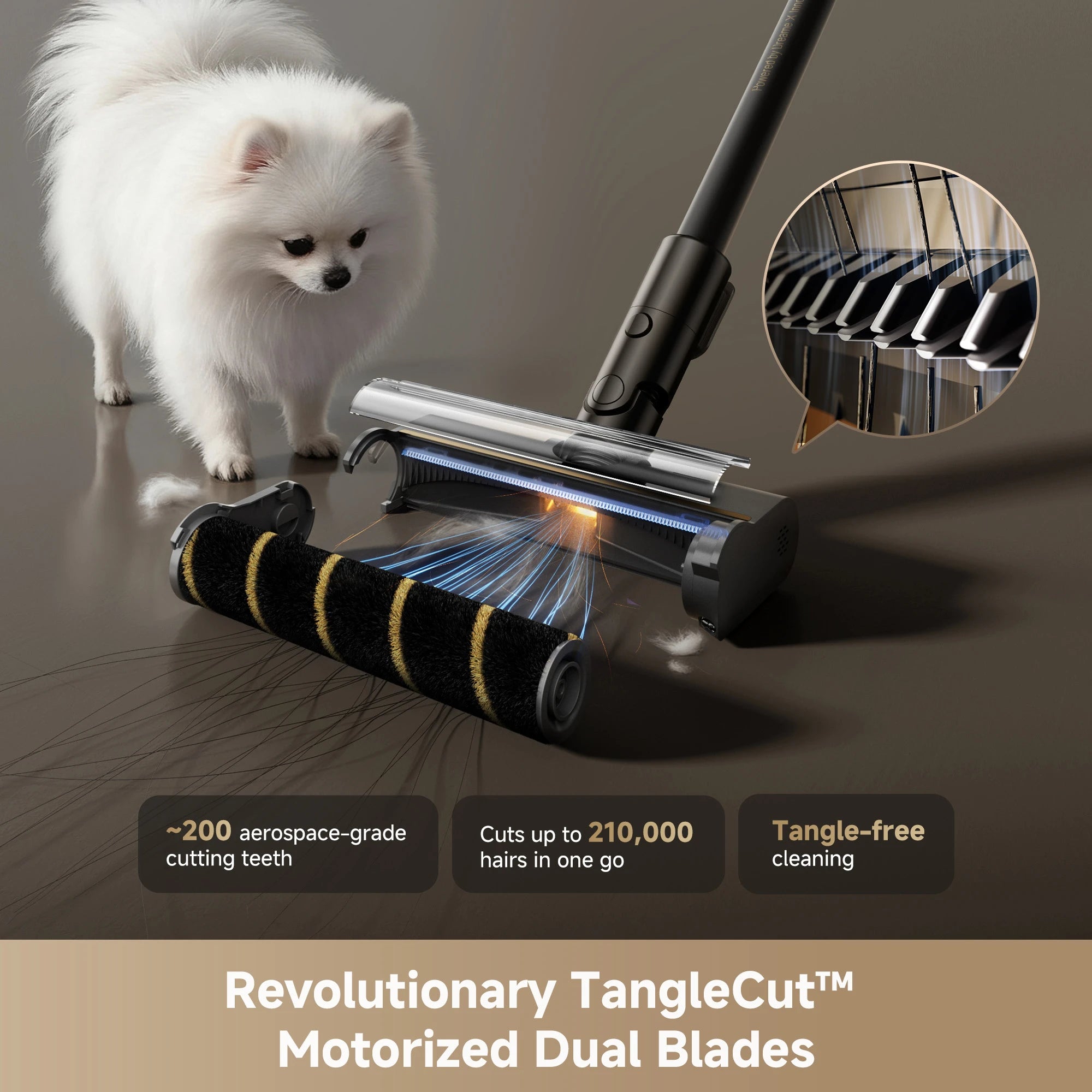 Dreame V50 Pro cordless vacuum motorized brush featuring Tangle-Cut resilient scraper technology