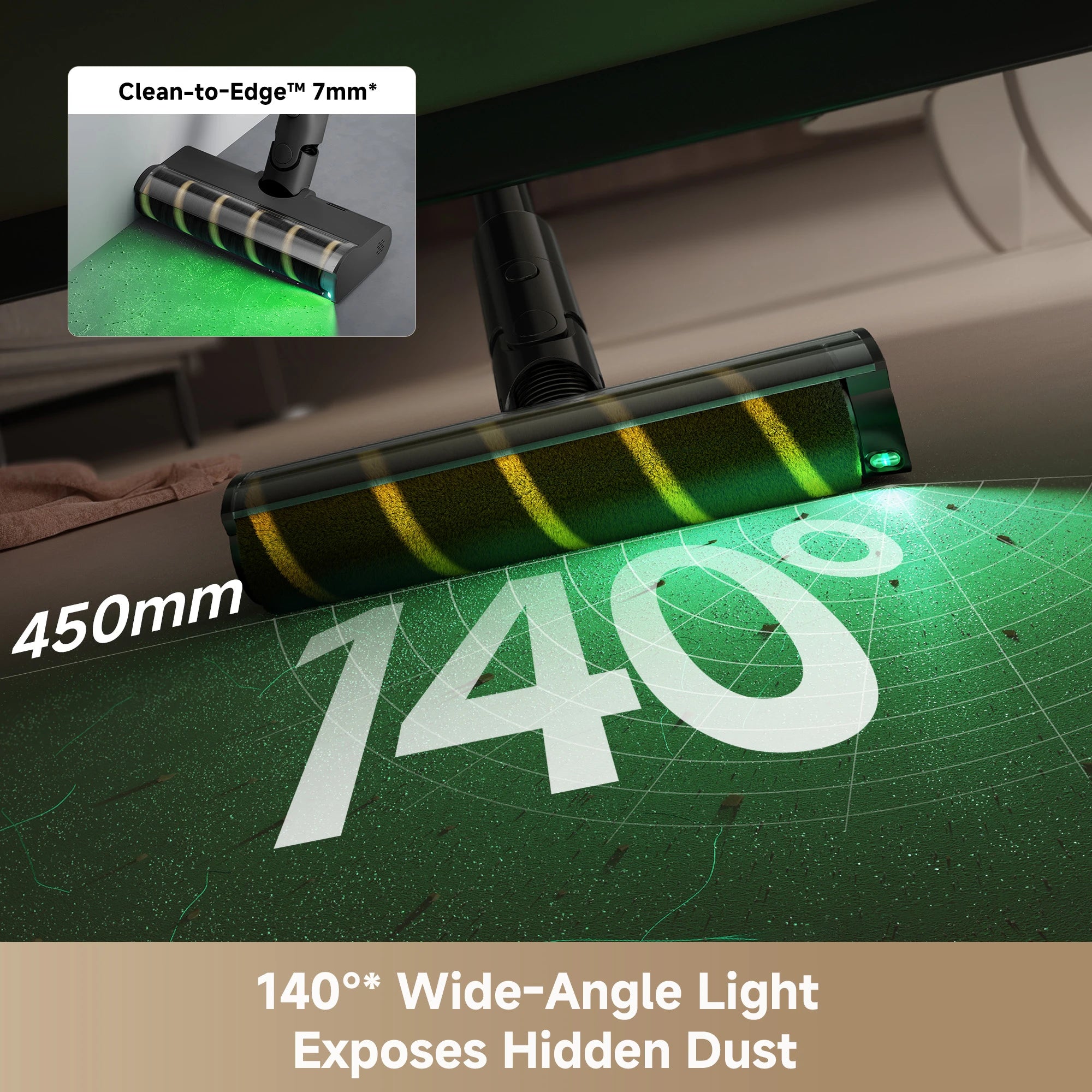 Precision 140 degree wide angle LED illumination head on Dreame V50 Pro cordless stick vacuum