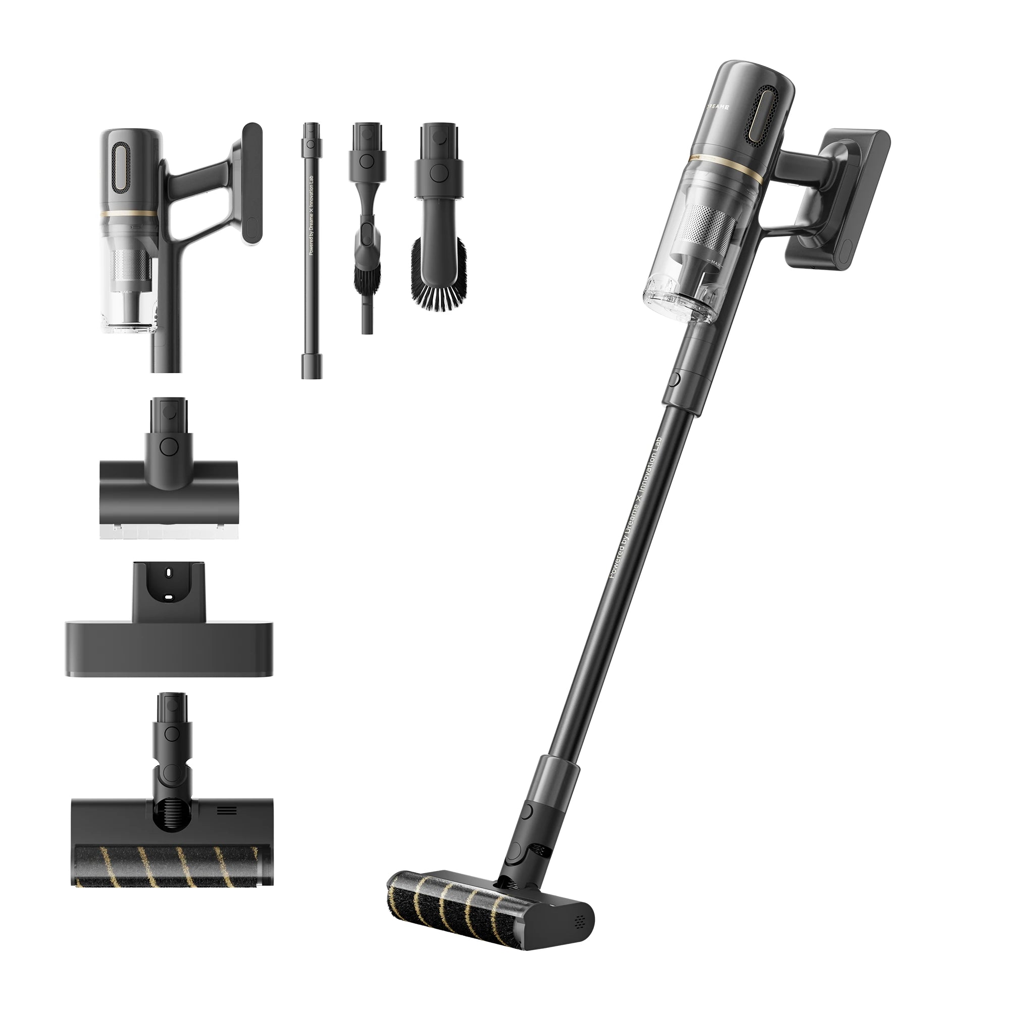 Dreame X2 cordless vacuum cleaner with accessories on white background