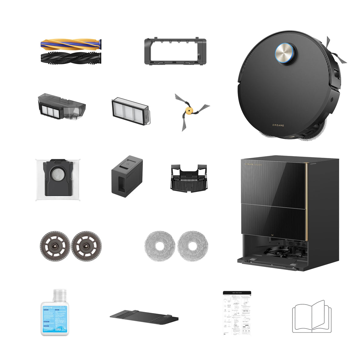 Dreame X60 Ultra Extreme robot vacuum accessories displayed together with the included package components