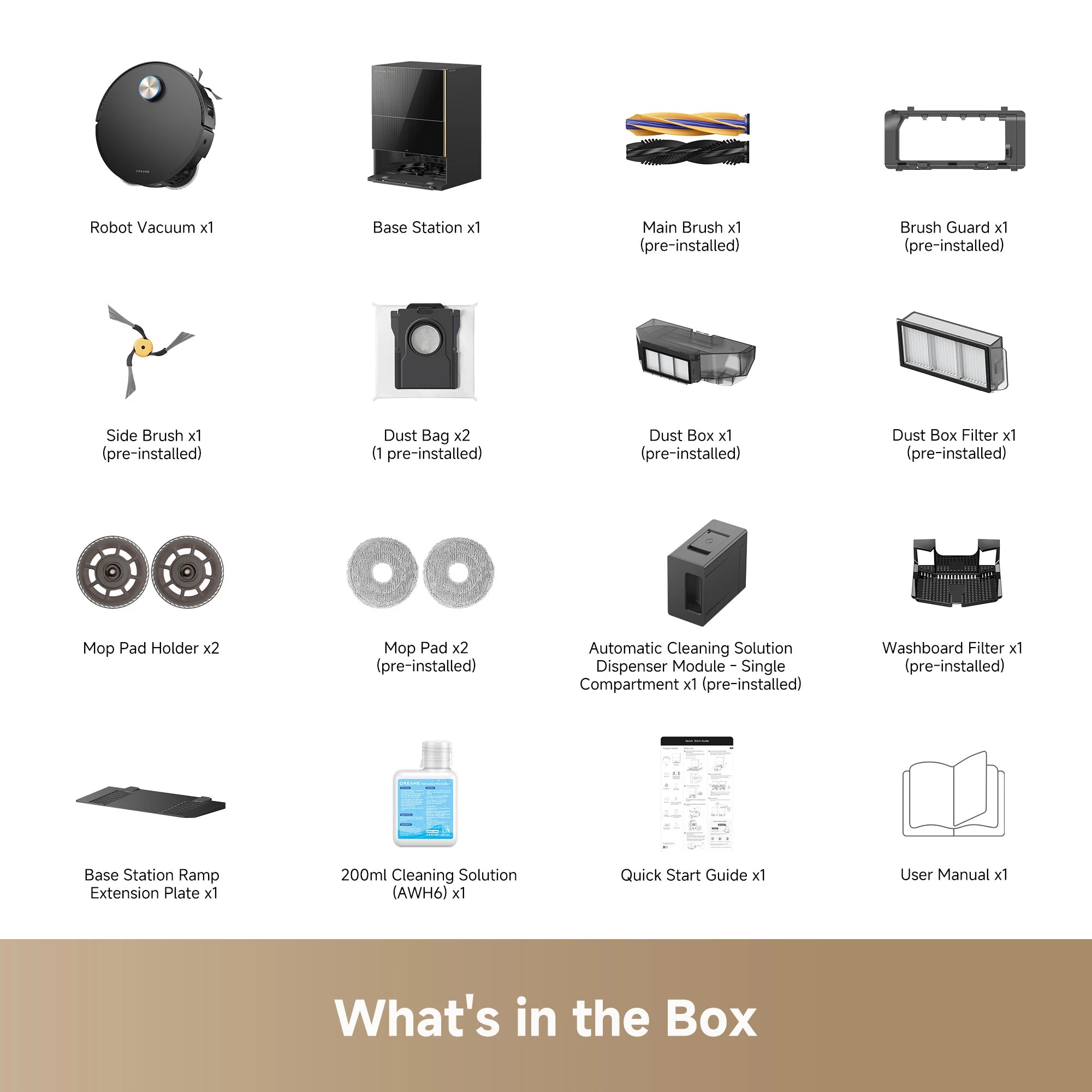 Dreame X60 Ultra Extreme robot vacuum package contents showing the included accessories and cleaning components