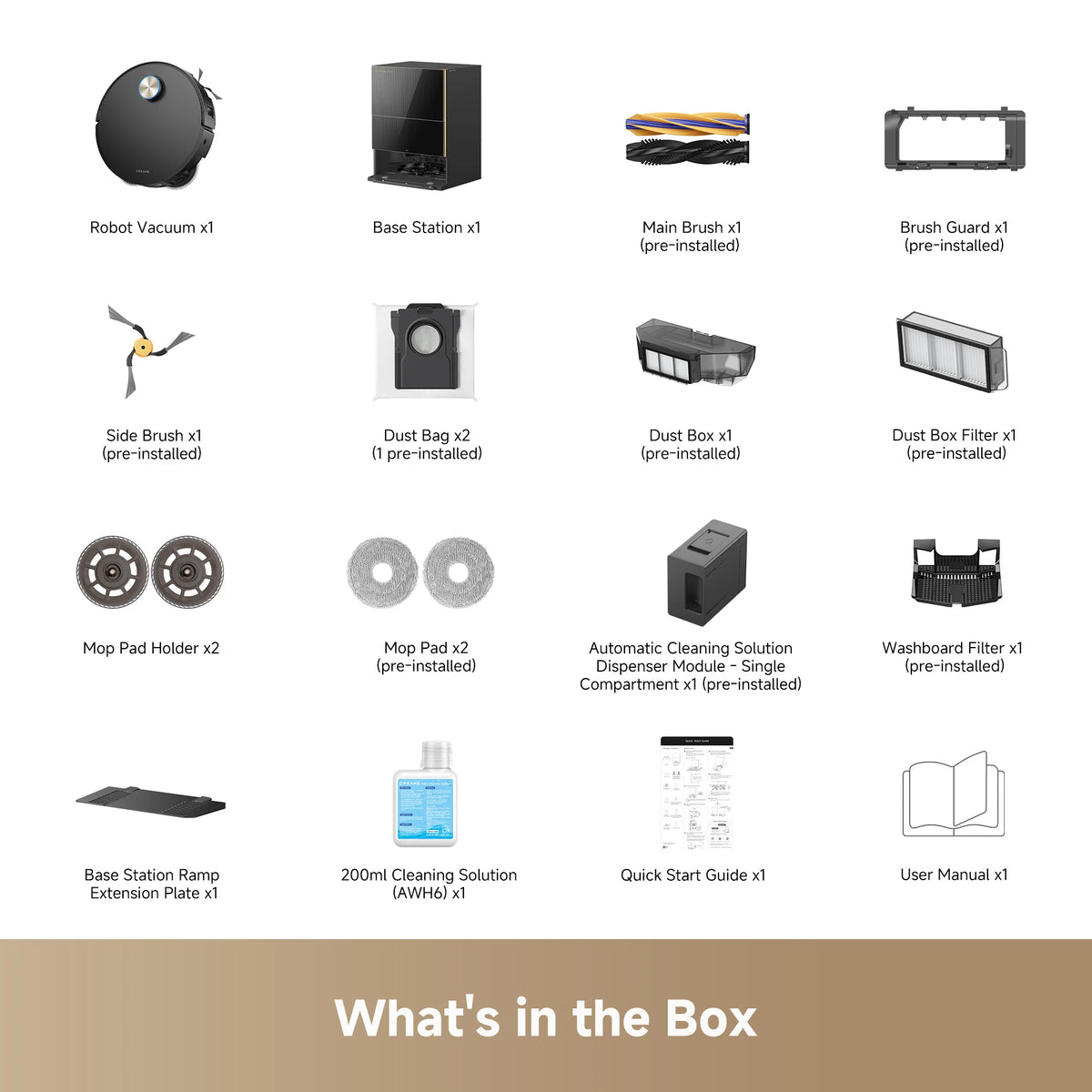 Dreame X60 Ultra Extreme robot vacuum package contents showing the included accessories and cleaning components