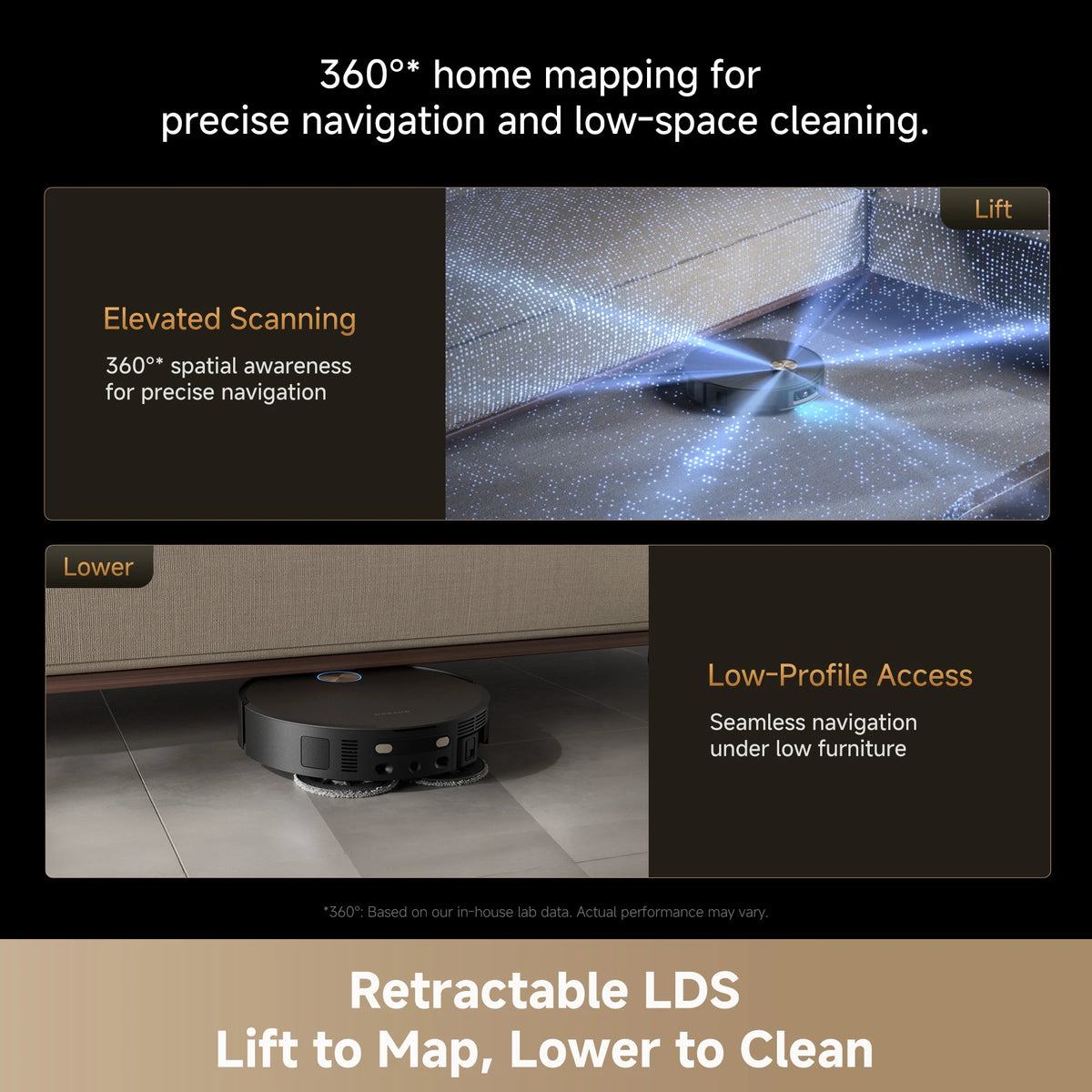 Dreame X60 Ultra Extreme robot vacuum featuring retractable LDS technology for flexible navigation in tight spaces