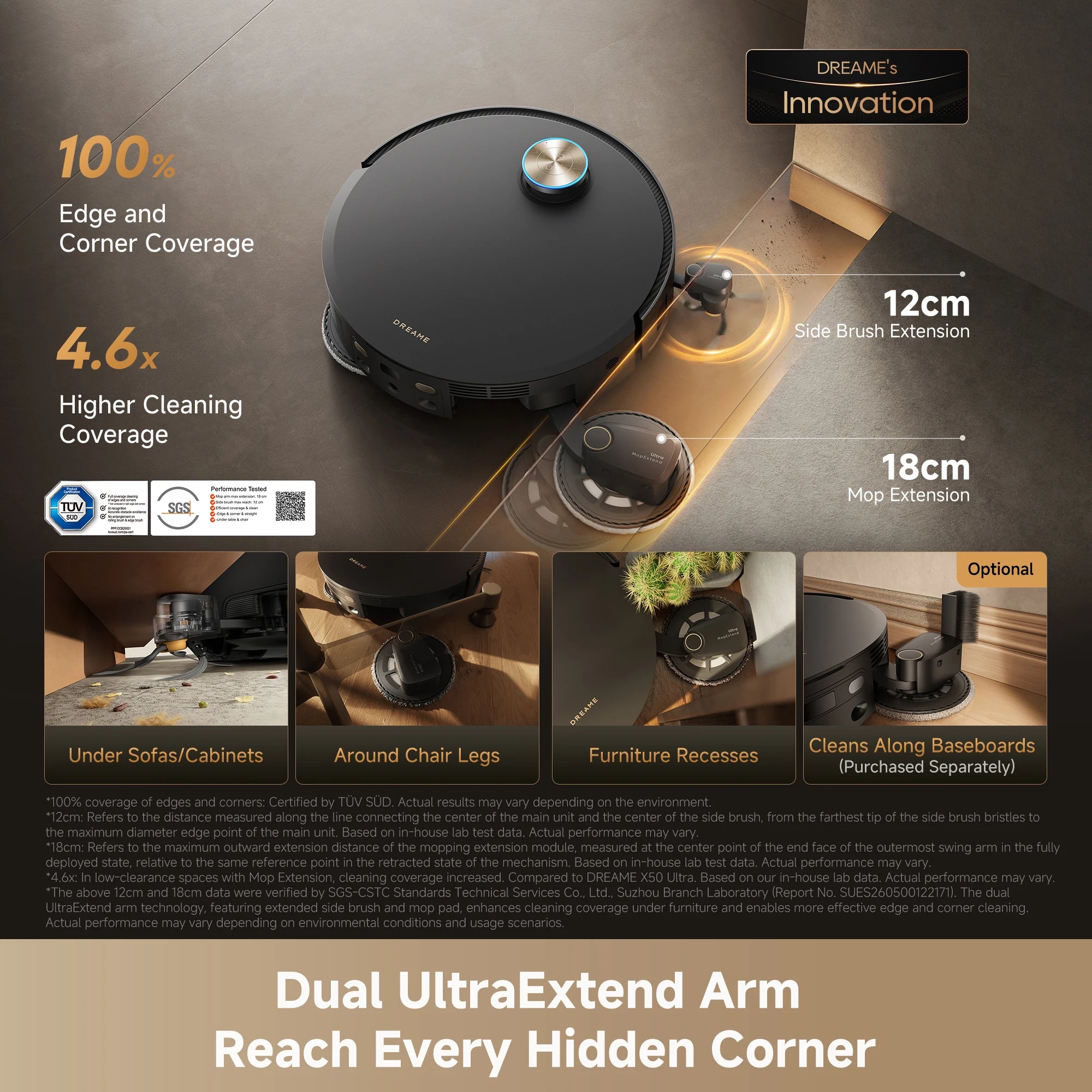 Dreame X60 Ultra Extreme robot vacuum featuring Dual UltraExtend Arm Technology for extended edge and corner cleaning