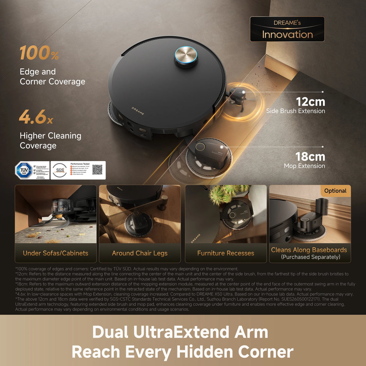 Dreame X60 Ultra Extreme robot vacuum featuring Dual UltraExtend Arm Technology for extended edge and corner cleaning