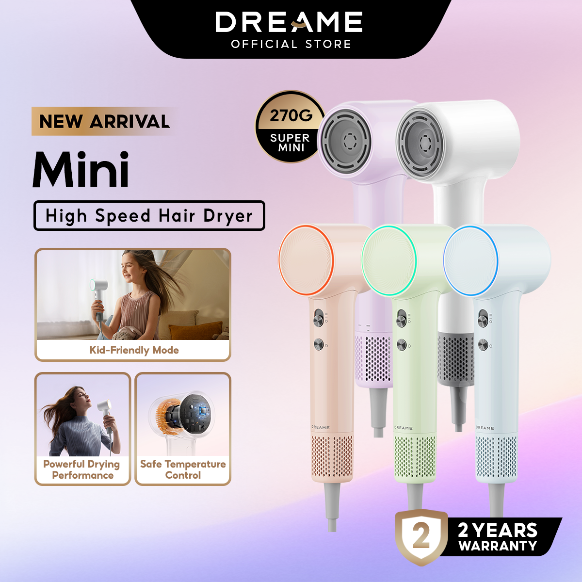 Dreame Mini High Speed Hair Dryer Blower Portable Non Heat 50s Fast Quick Dry 200M Ion Compact